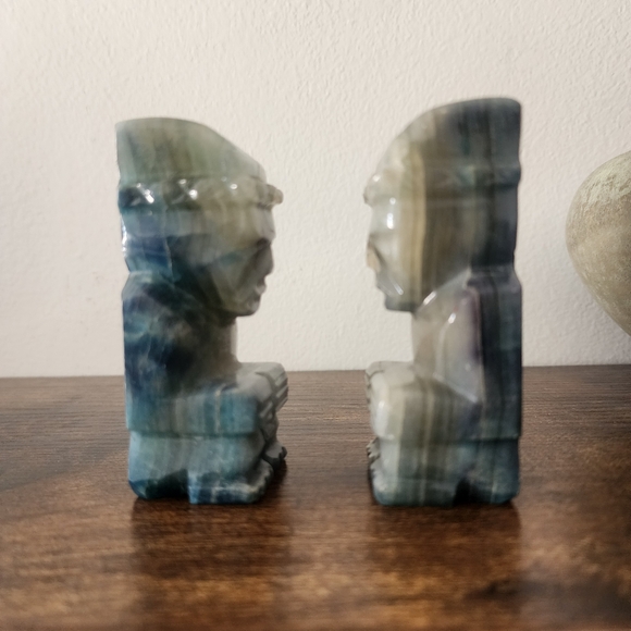 Vintage Natural Stone Marble Small Pair of 2 Tiki Aztec Figurine Bookends - Picture 7 of 8